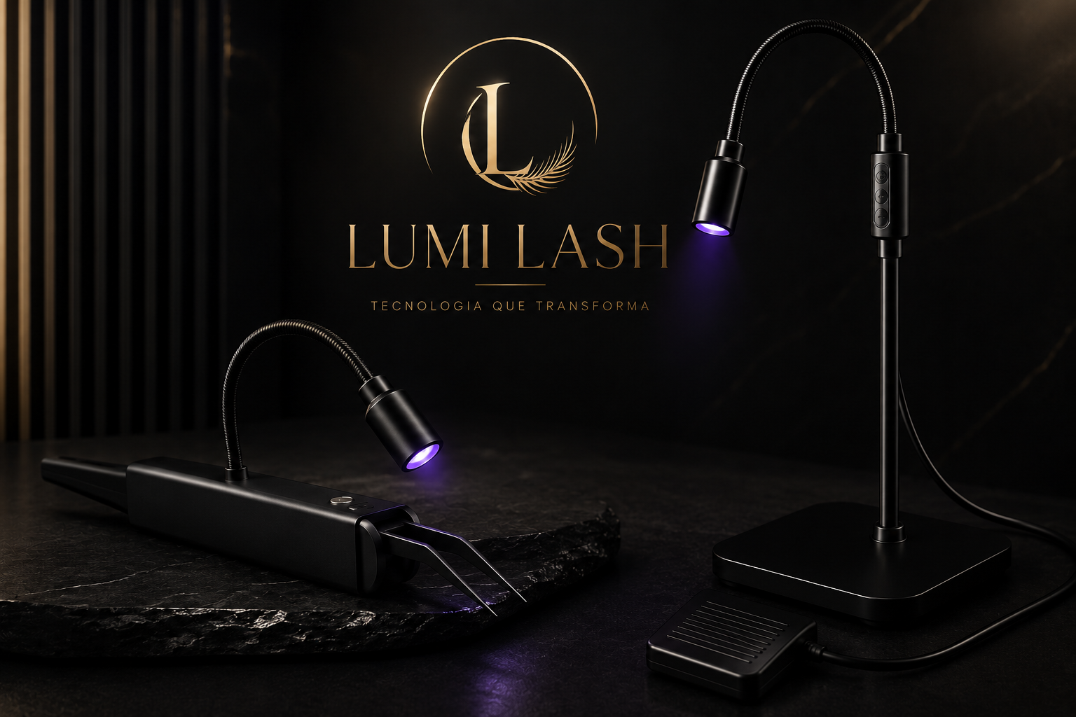 Sistema LED Lumi Lash — dois modelos em ambiente premium