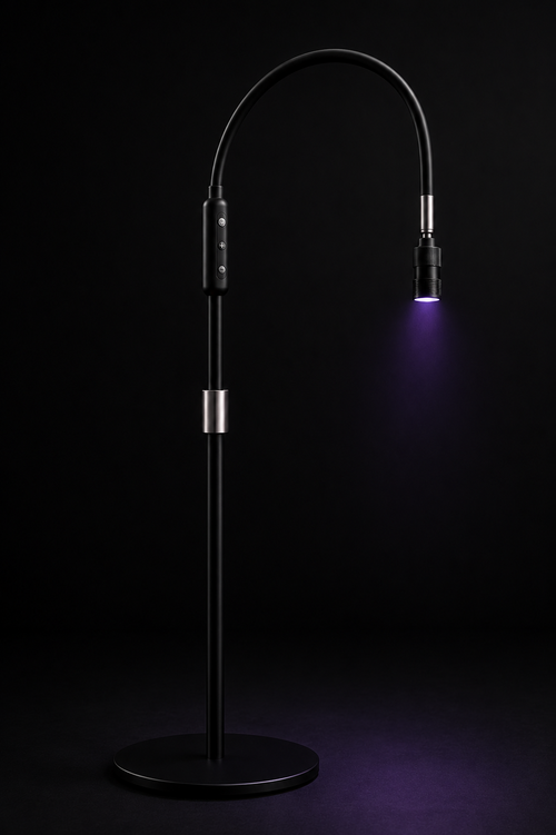 Sistema LED Lumi Lash com pedestal — vista frontal com luz roxa